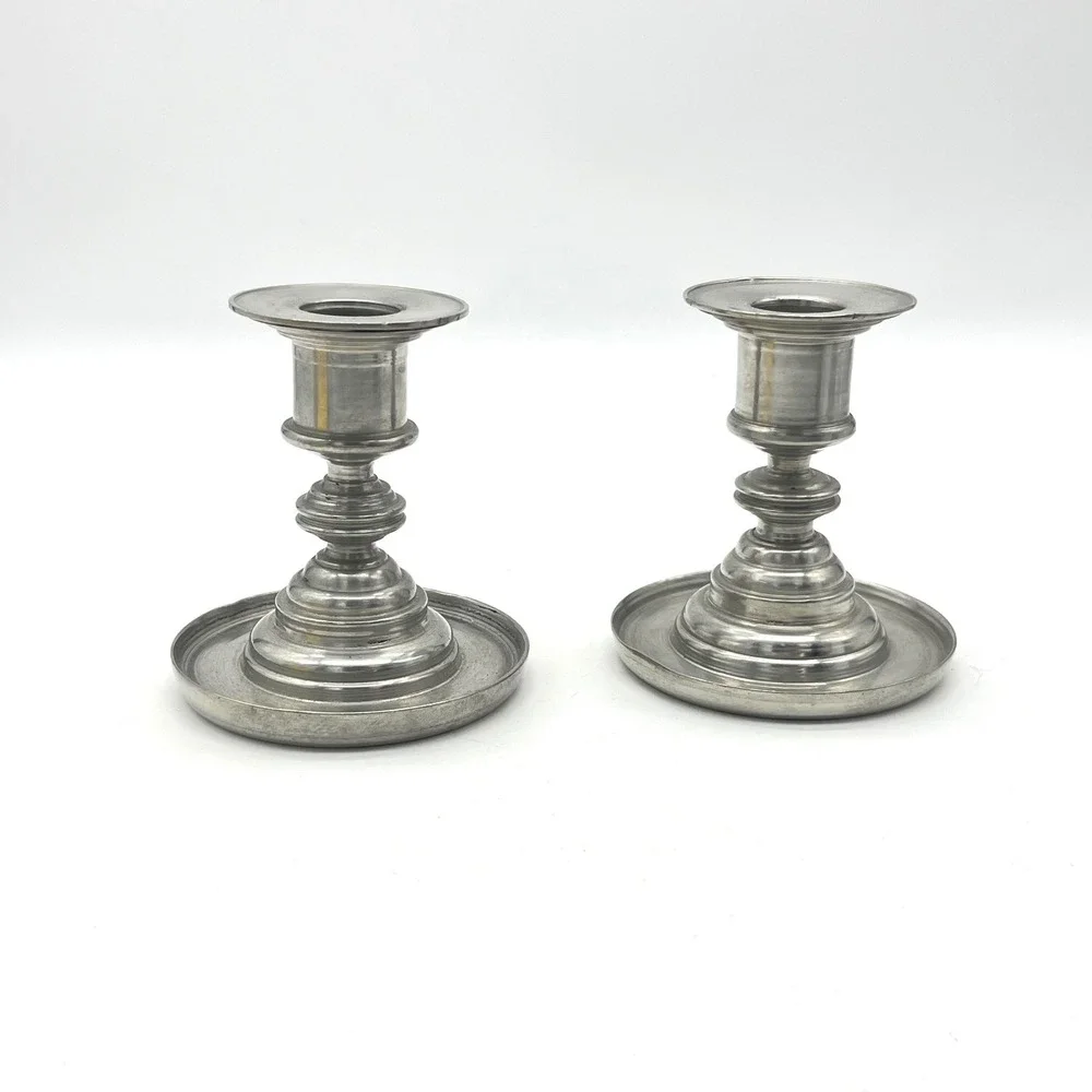 Vintage Pewter Candlestick Holders Pair Baluster Stem Weighted Metal